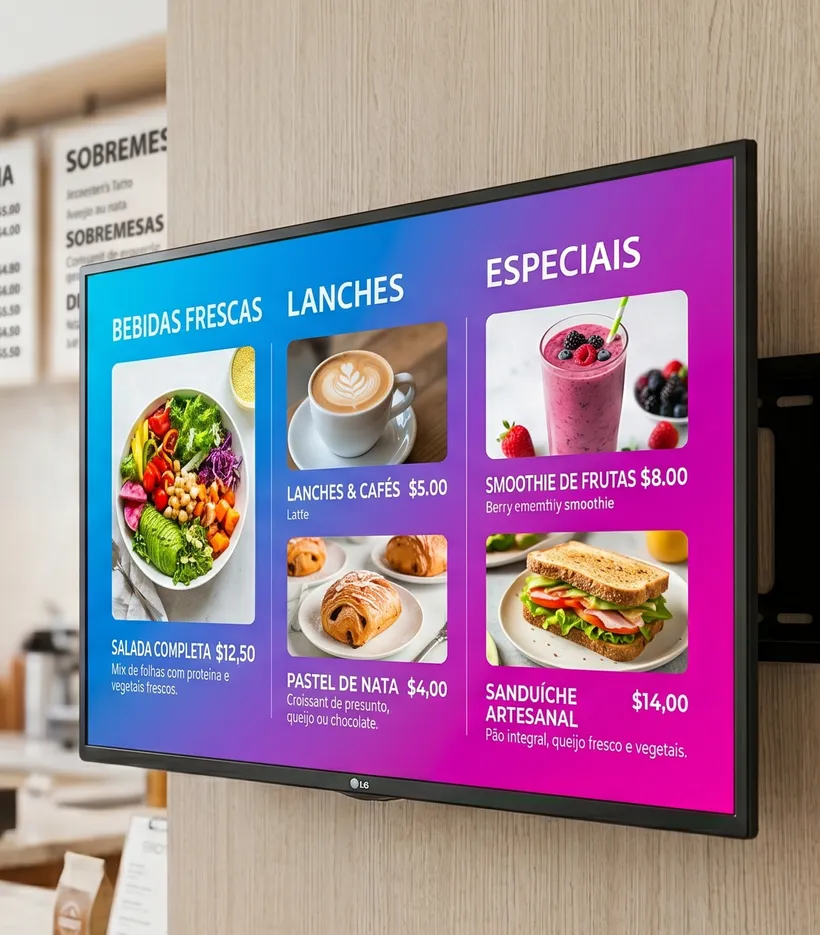 TV de mídia indoor exibindo cardápio e promoções de um comércio